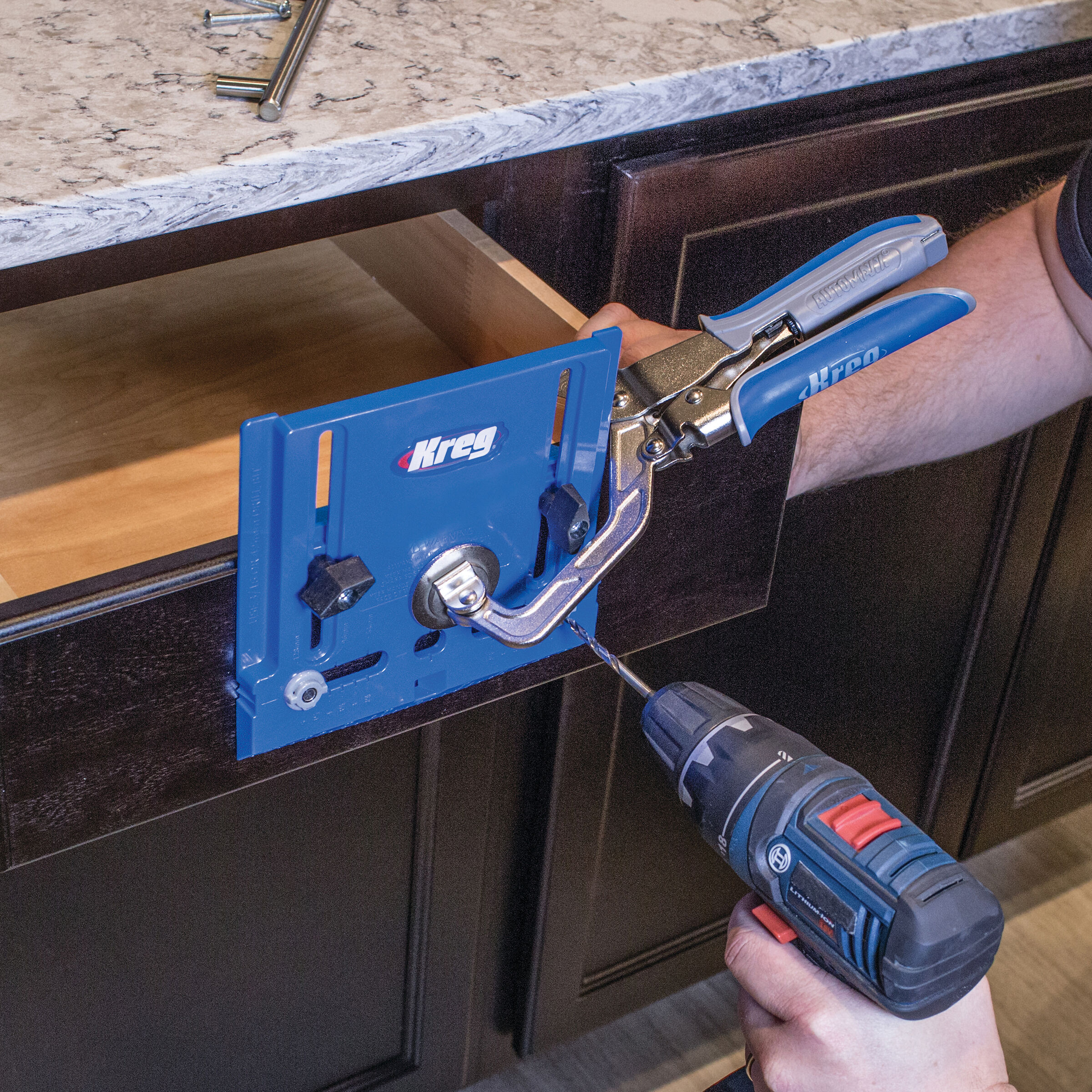 Drawer Slide Jig with Cabinet Hardware Jig with Concealed Hinge Jig and Two 2 Clamps Kreg Tool Company KHI-PROMO-19