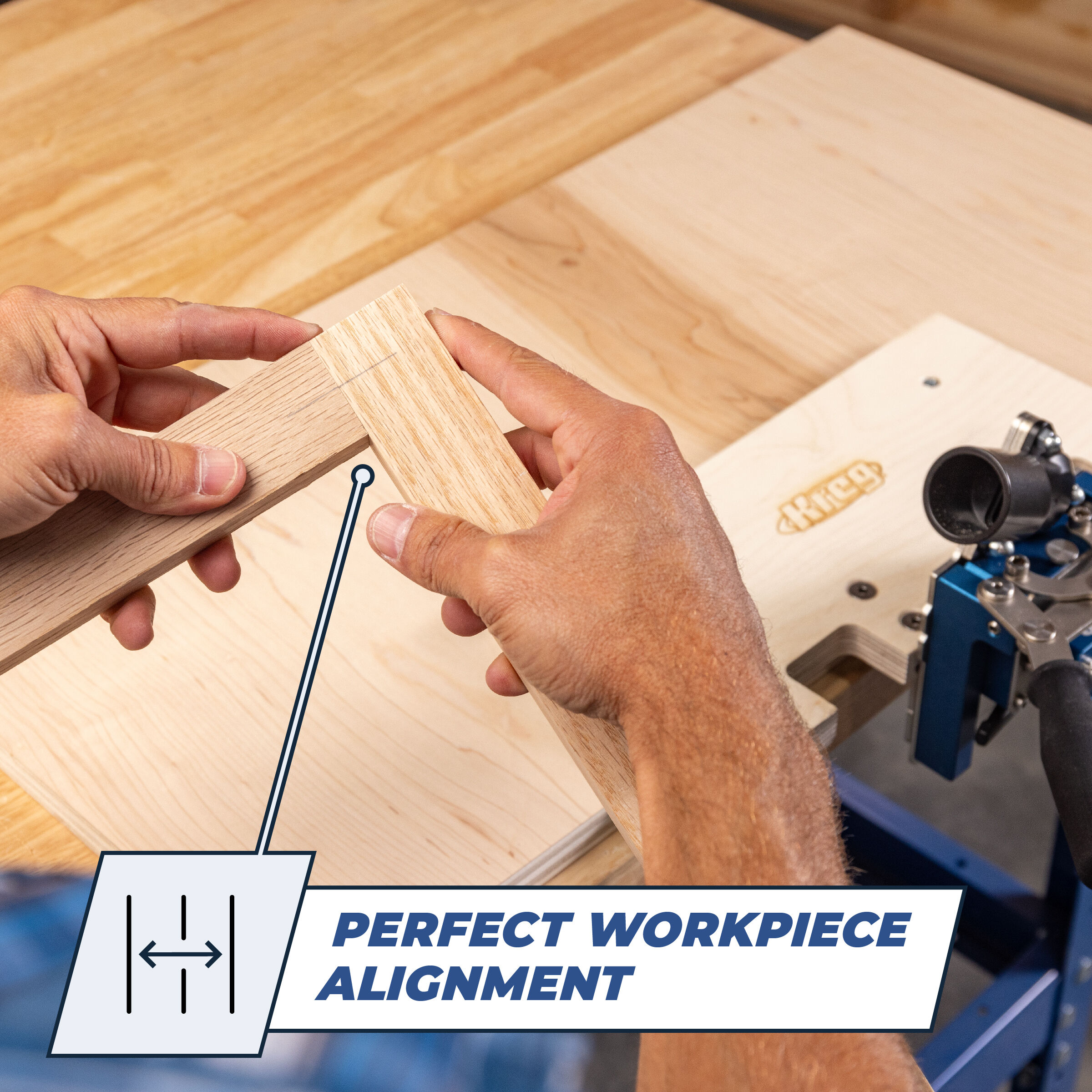 Kreg Tool KLTJ100 MortiseMate Loose Tenon Jig joinery setup showing aligned wood parts for a loose tenon joint