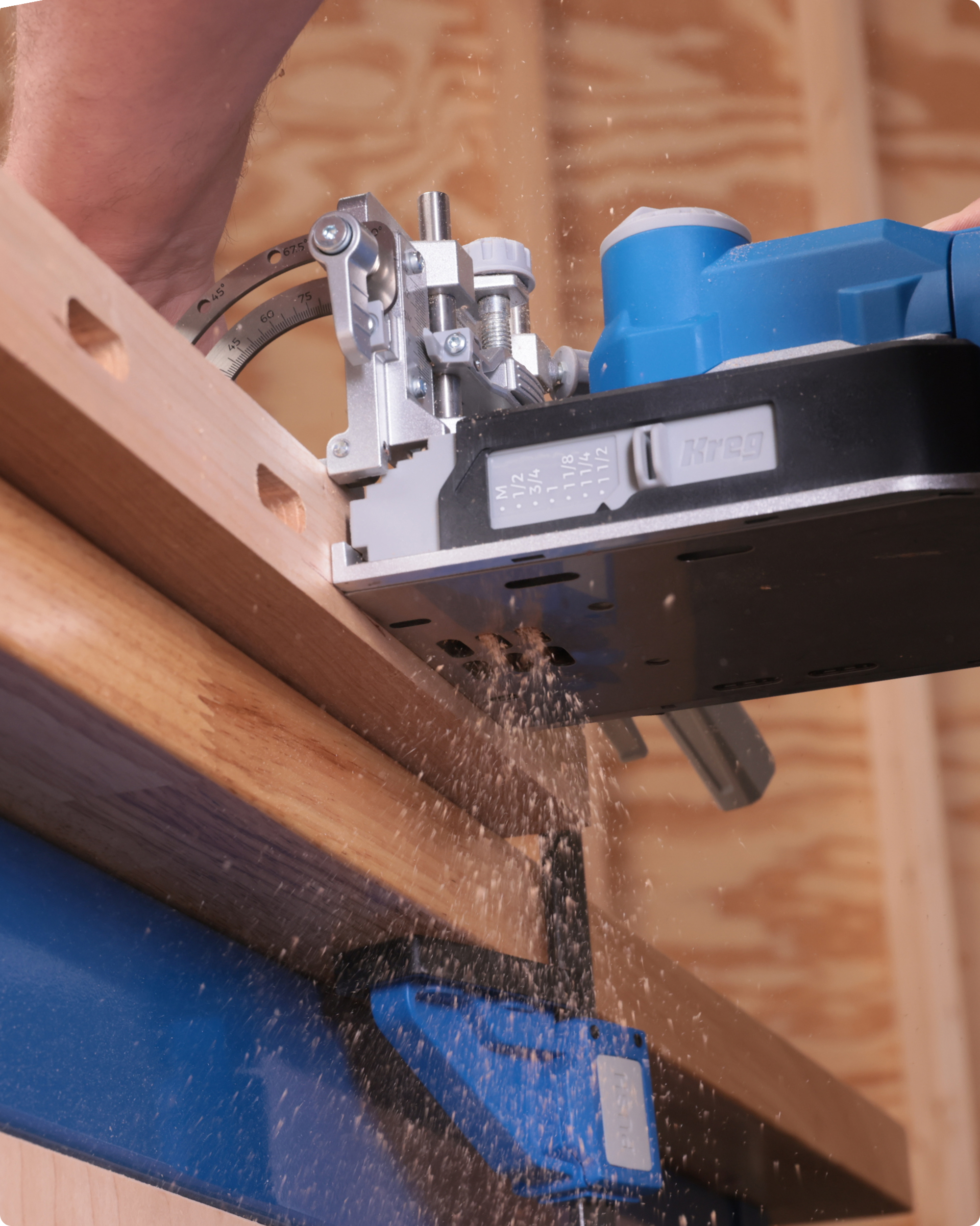 Kreg Edge in use, drilling a mortise. Image for Built to Last callout