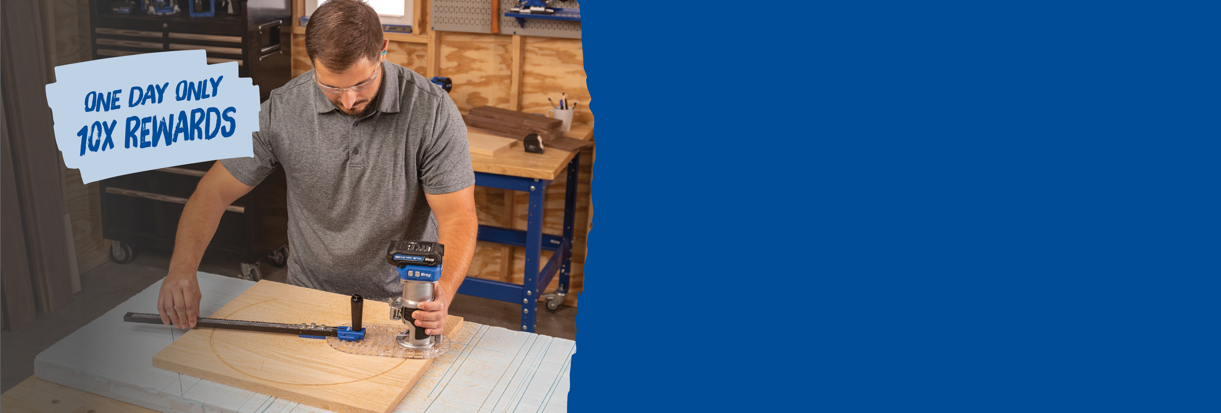 A woman cuts pocket-hole plugs off her project using the Kreg Multi-Tool, which has a burst over it announcing it's $20 off.