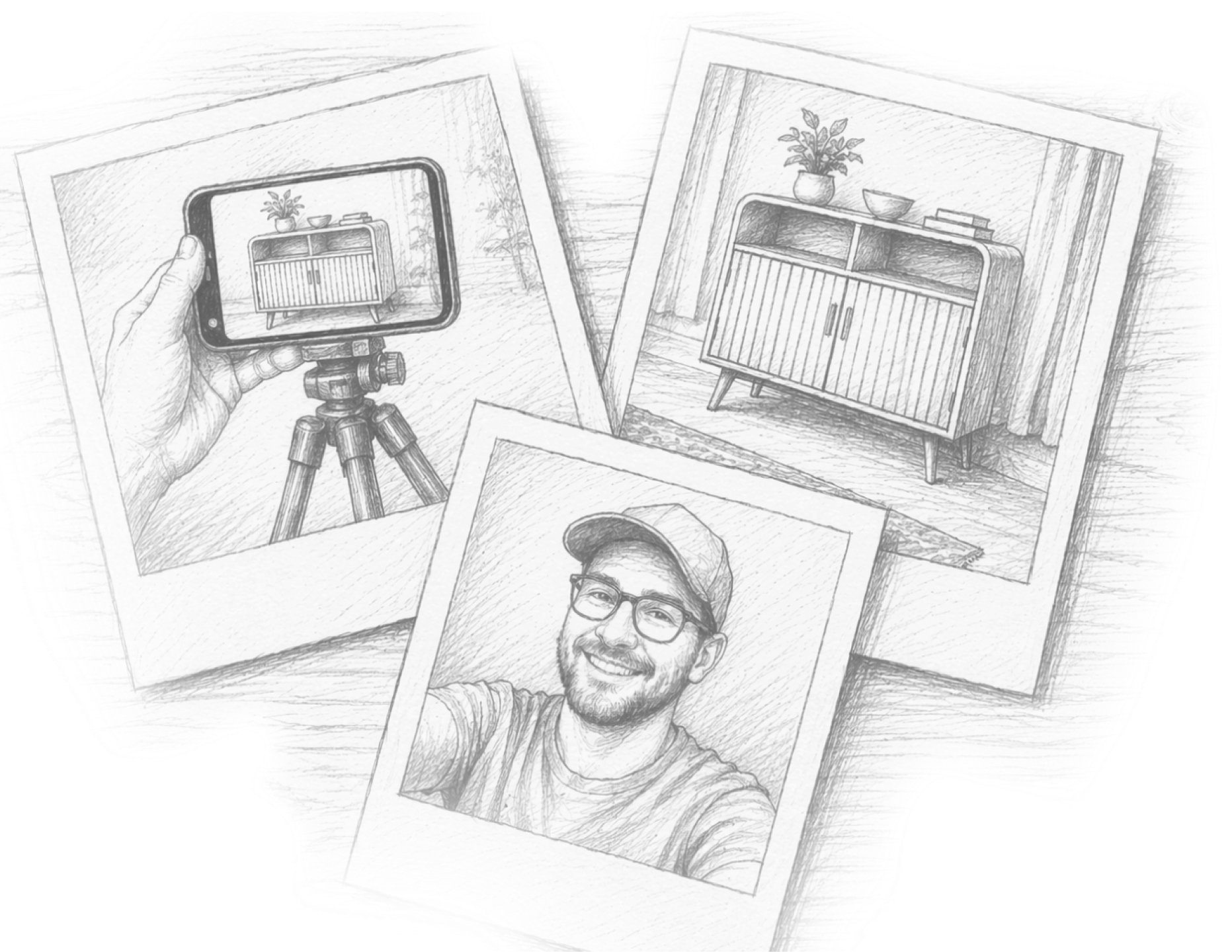 Three Polaroid picture-looking sketches - one is a phone on a tripod, taking a picture of a built cabinet, the second one is the cabinet, and the third is a smiling man's selfie. 