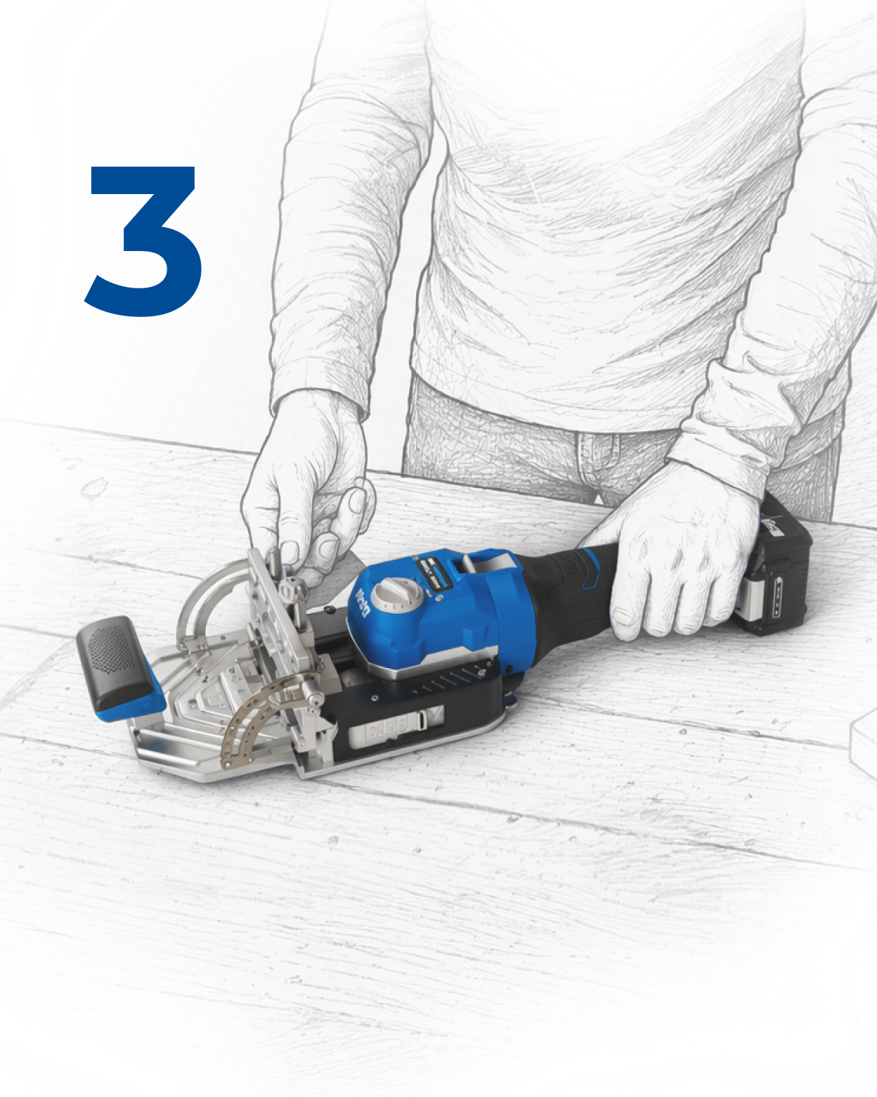 Free Edge - get a free Kreg Edge if you're selected to be a part of the Kreg Edge Build challenge. This is a sketch of a person using the Kreg Edge. Step 3 of the Kreg Edge Build Challenge