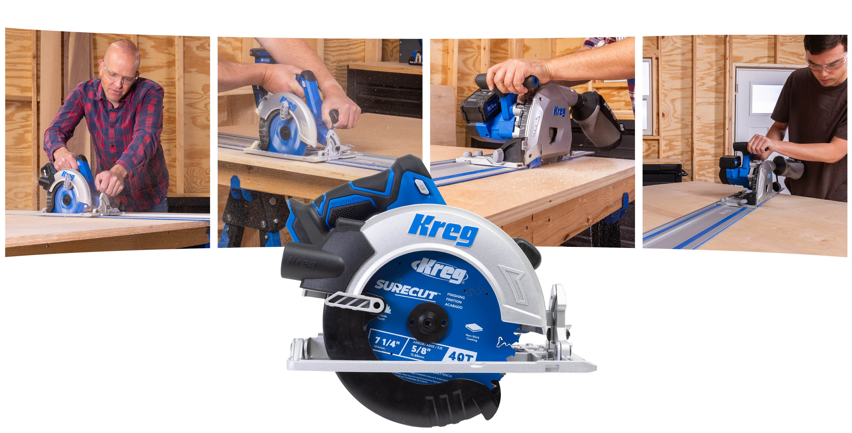 4 small images of men using different saws on the Kreg Universal Track. A Kreg Circular Saw is the hero image overlapping them a bit. 