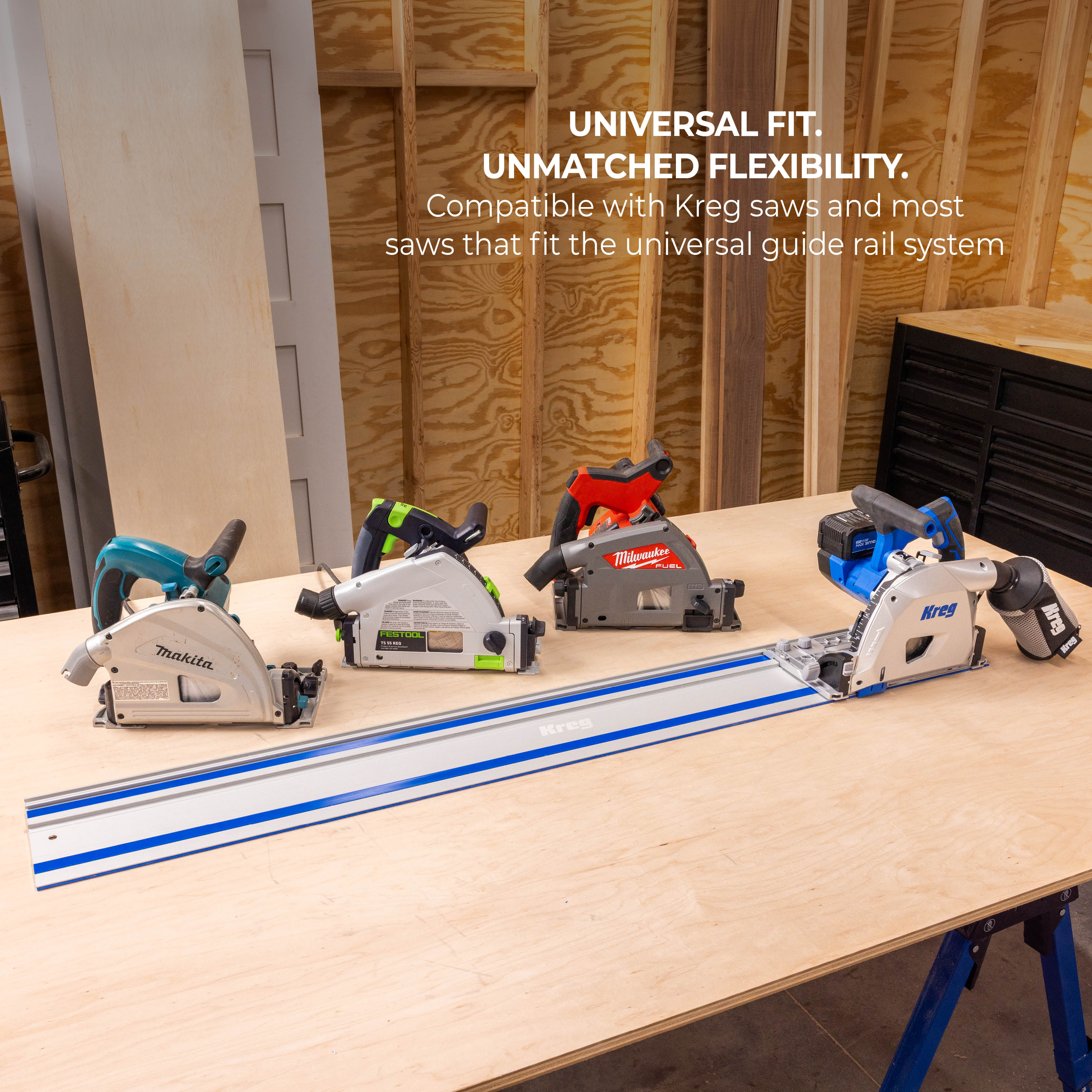 A row of track saws is placed next to the Kreg Adaptive Cutting System Universal Track, with the caption "Universal fit. Unmatched flexibility. Compatible with Kreg saws and most saws that fit the universal guide rail system.