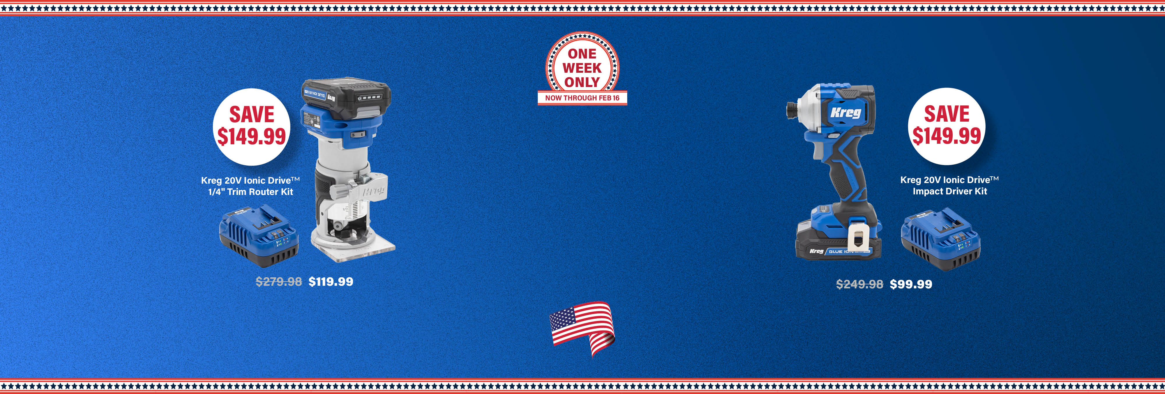 Kreg Tool President's Day Sale - get a free battery and charger with select power tool bundles