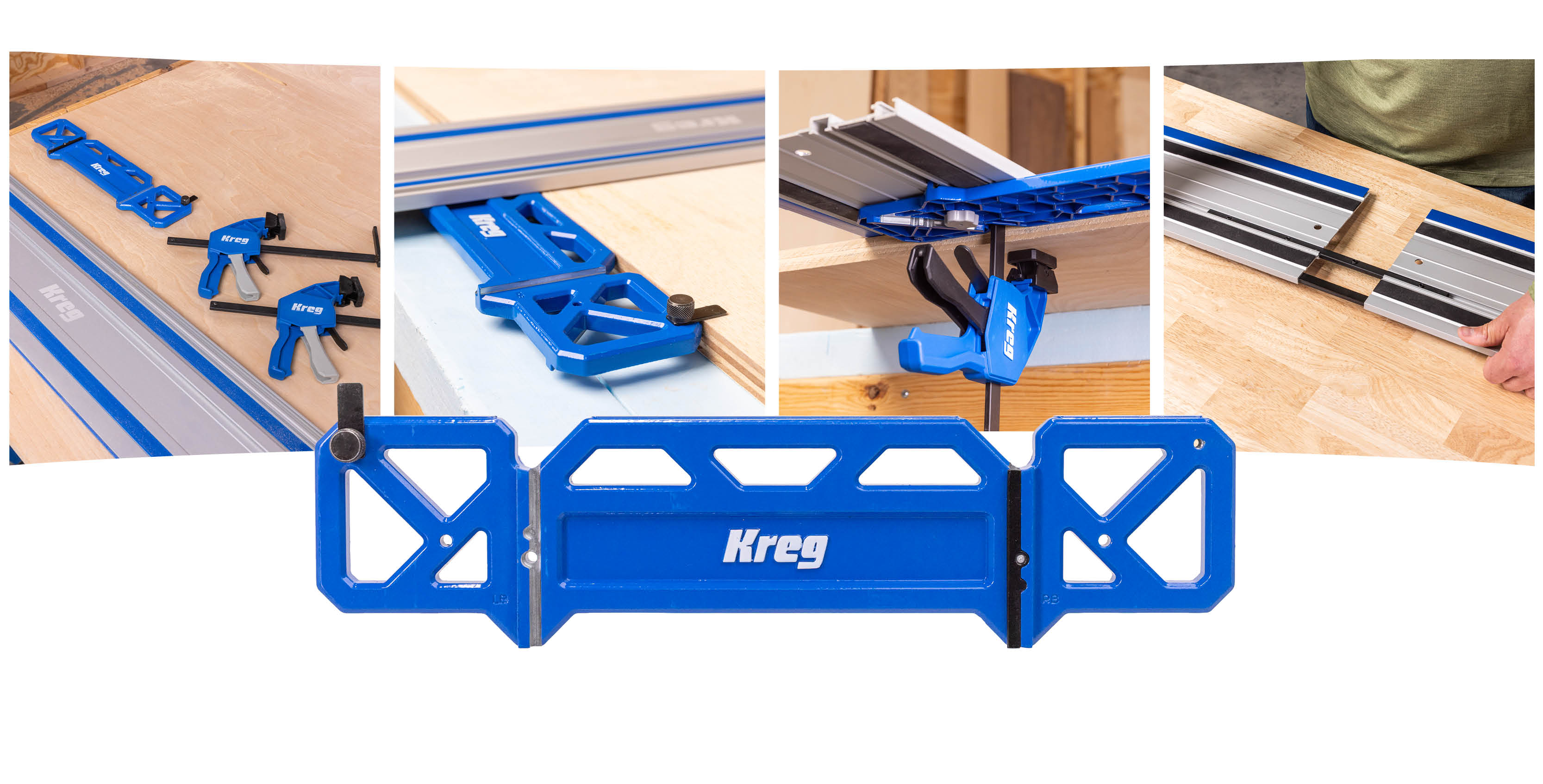 A series of 4 small images show the accessories you can use with the Kreg Adaptive Cutting System. The 45/90 Track Square is the hero image overlapping them a bit. 