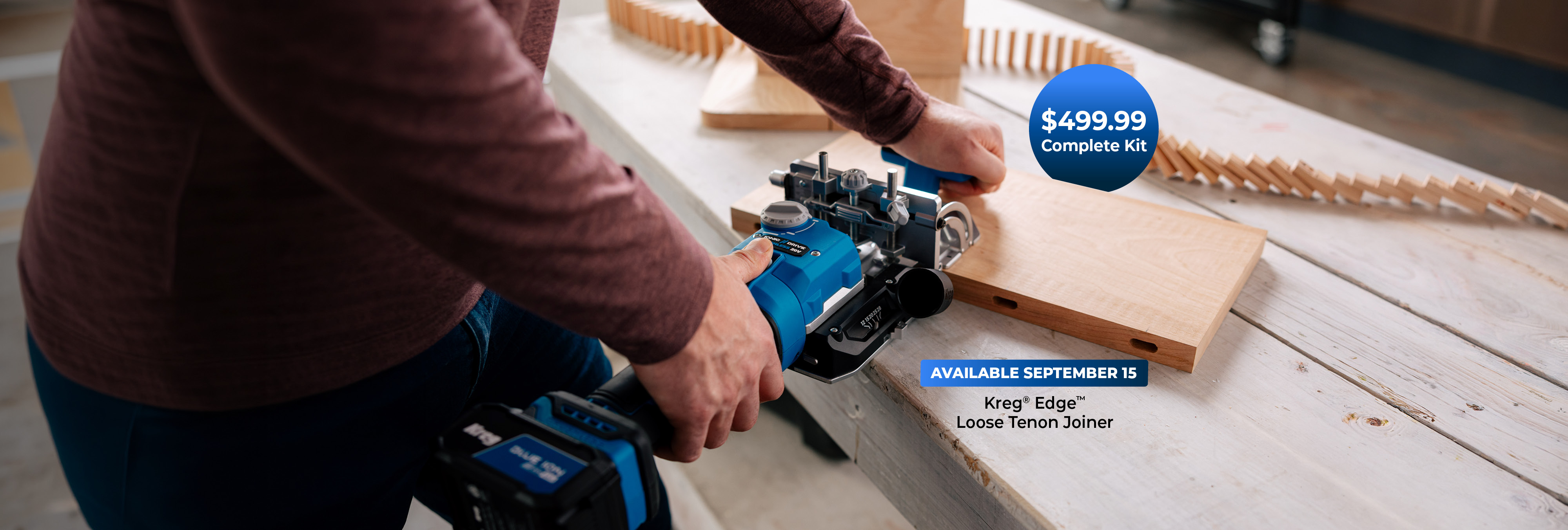 The Kreg Edge Loose Tenon Joiner is featured with callouts touting the $499.99 price tag and that it's coming this fall.