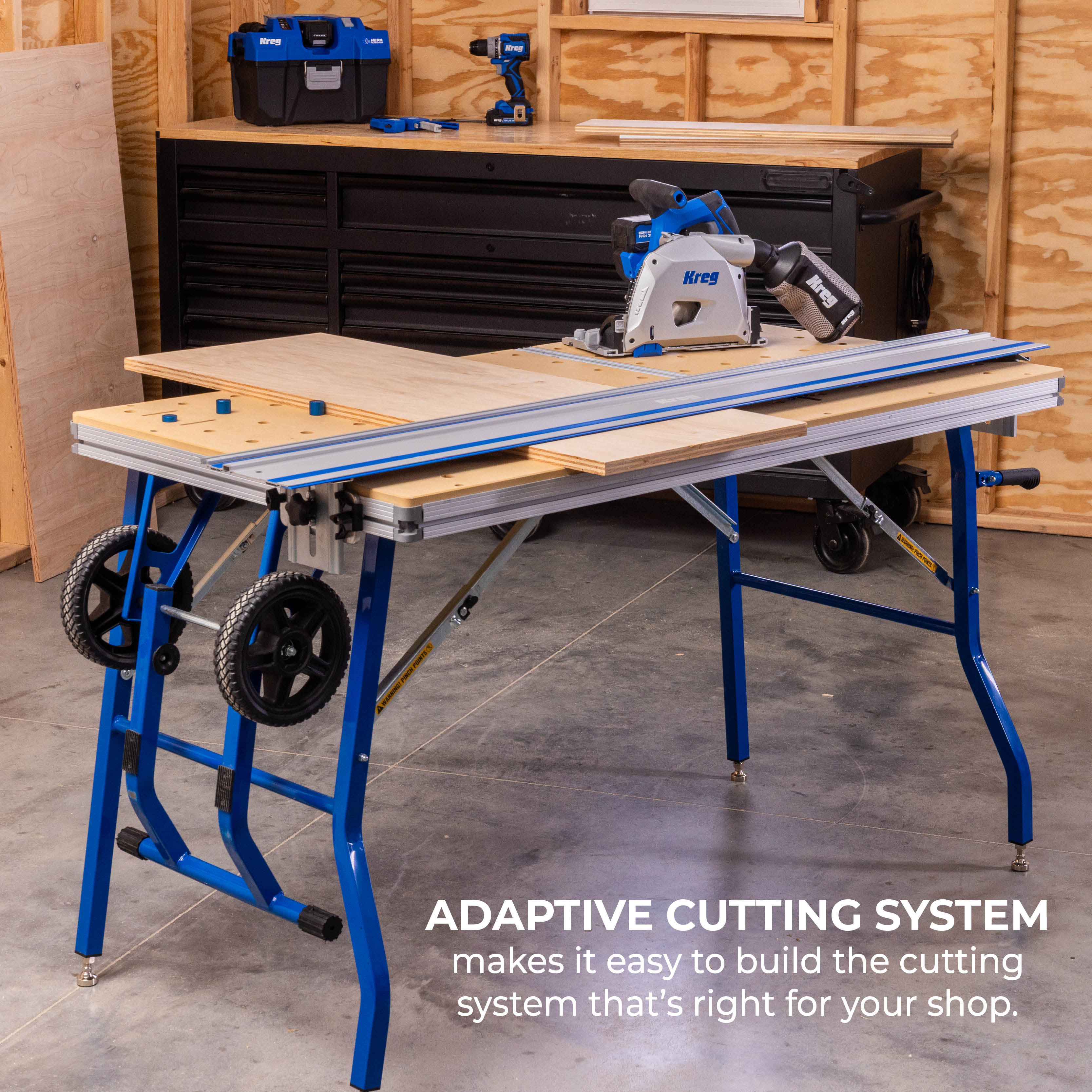 A hero shot of the Kreg Adaptive Cutting System Master Kit. Caption: "Adaptive Cutting System makes it easy to build the cutting system that's right for your shop."