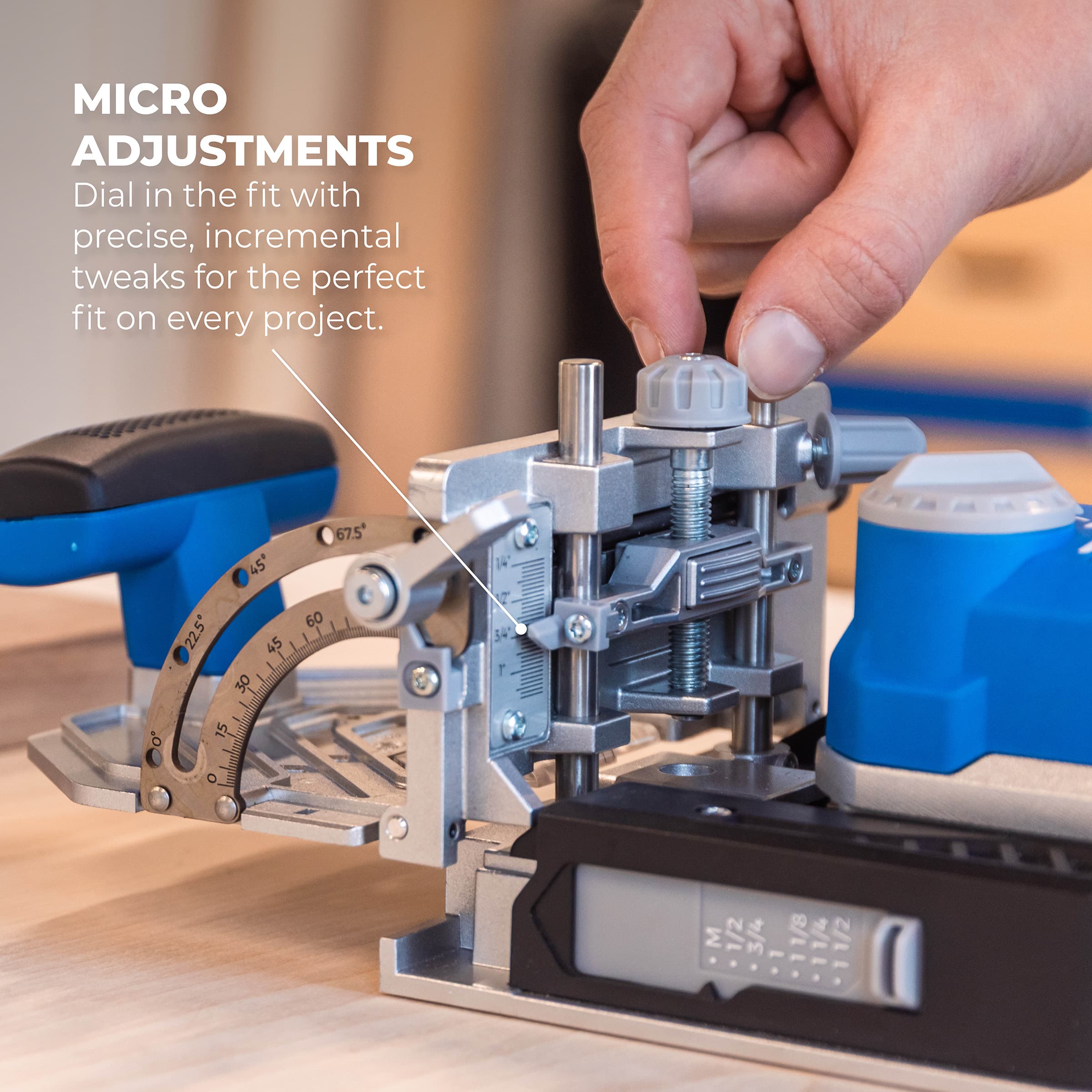 Micro Adjustments. Dial in the fit with precise, incremental tweaks for the perfect fit on every project. A man adjusts the Edge Loose Tenon Joiner. 