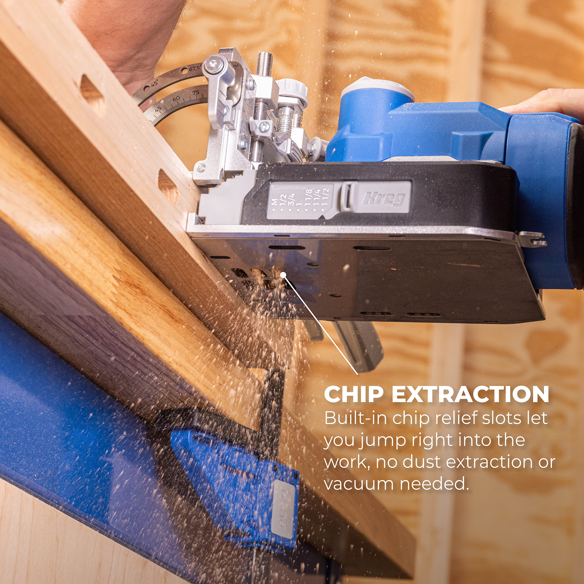 Chip Extraction. Built-in chip relief slots let you jump right into the work, no dust extraction or vacuum needed. Kreg Edge Loose Tenon Joiner in use drilling a mortise.