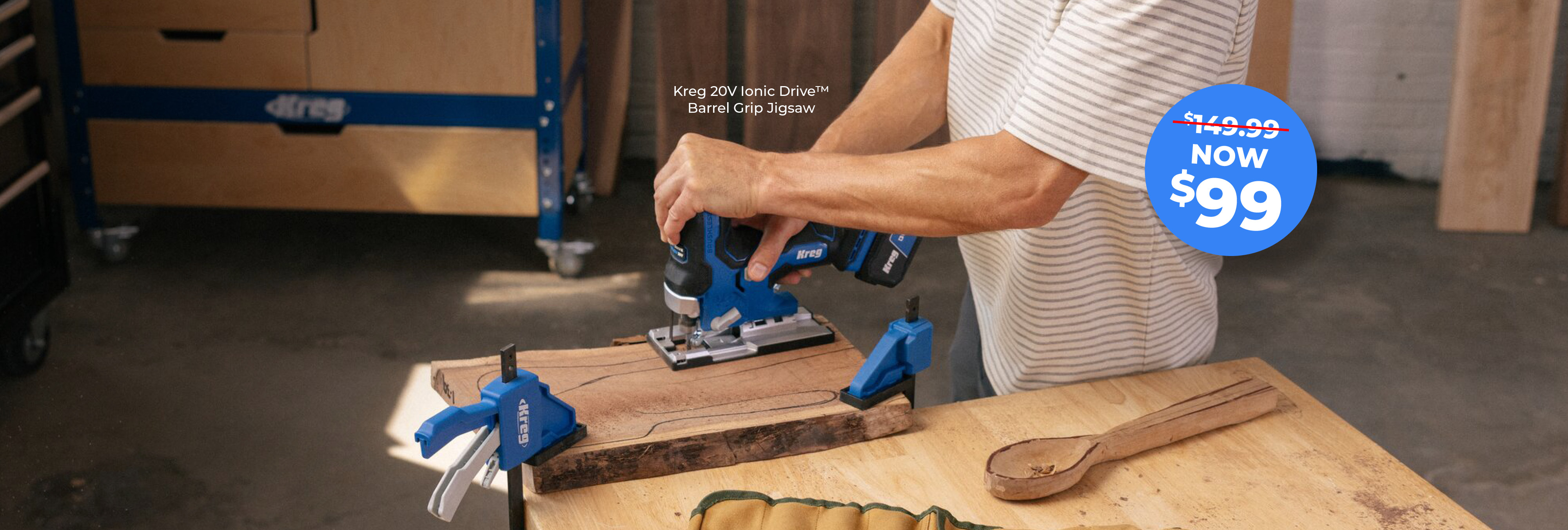 Kreg 20V Ionic Drive&trade; Barrel Grip Jigsaw in use on a woodworking project, now available for $99.