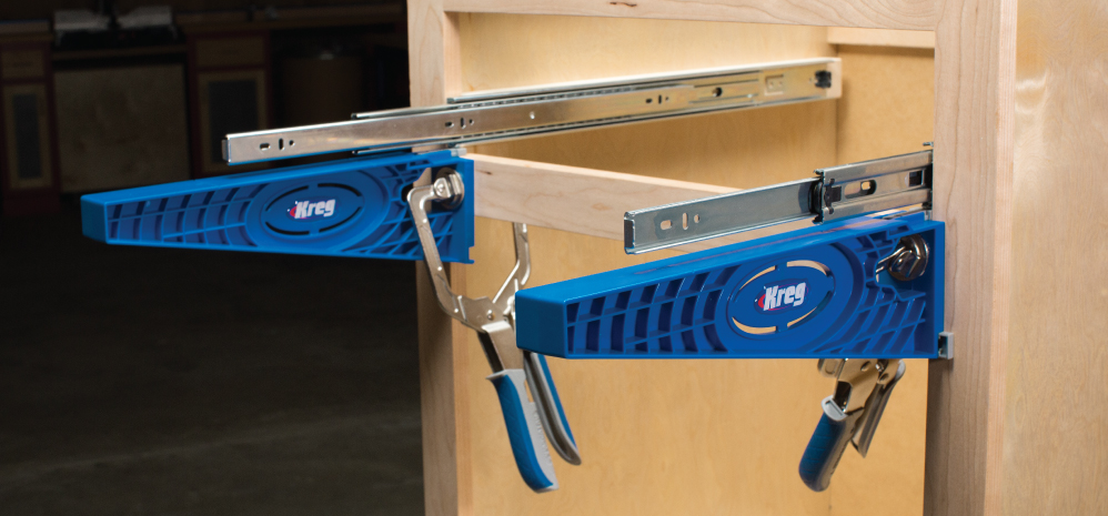 Kreg Tool Company Drawer Slide Jig with Cabinet Hardware Jig with Concealed Hinge Jig and Two 2 Face Clamps