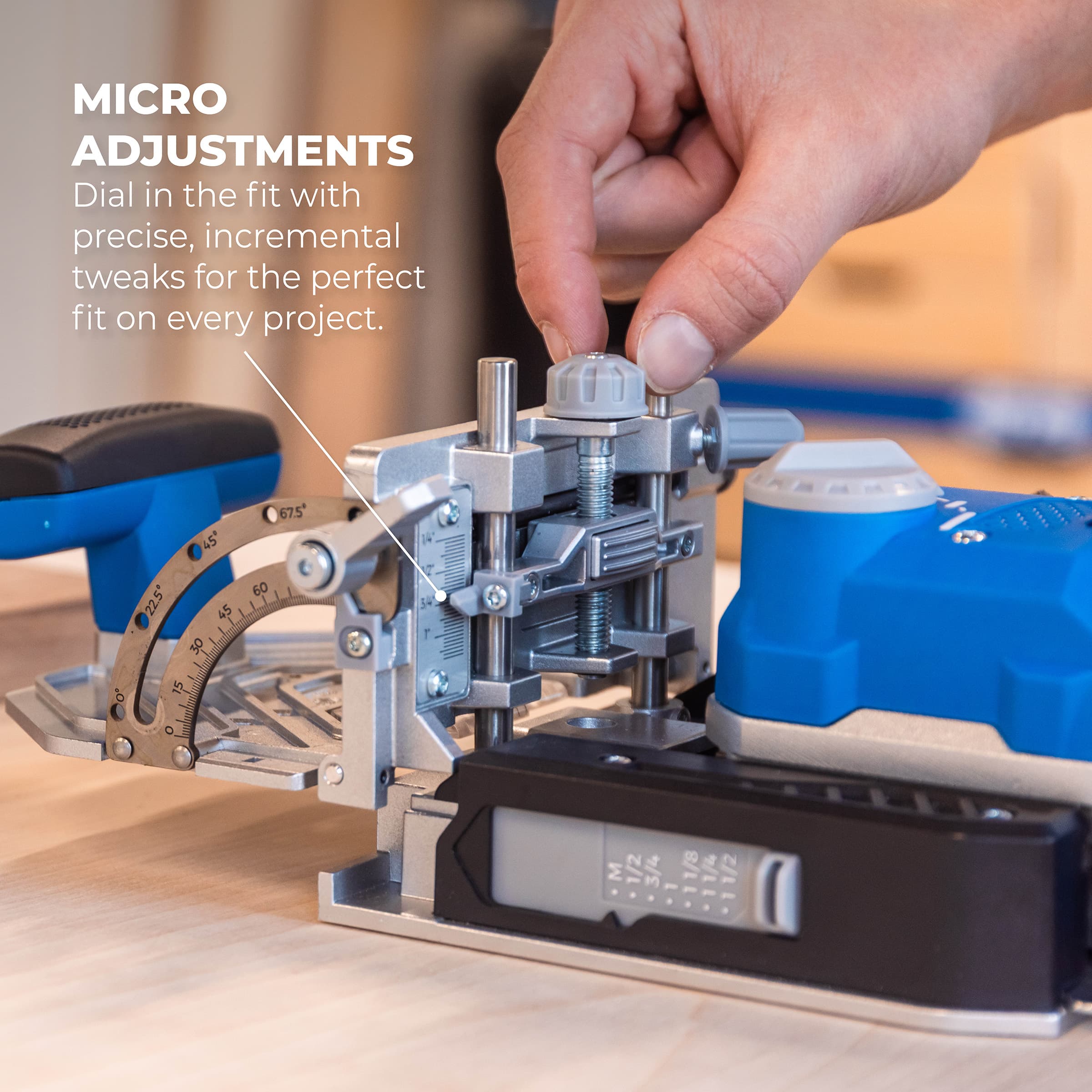 Micro Adjustments. Dial in the fit with precise, incremental tweaks for the perfect fit on every project. A man adjusts the Edge Loose Tenon Joiner. 