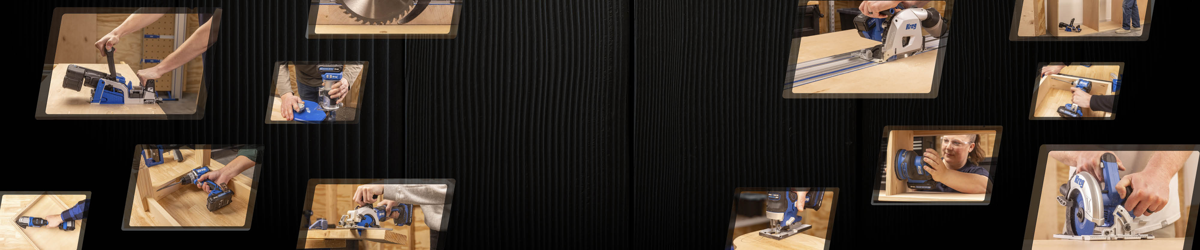 Kreg Ionic Drive Power Tools in multiple smaller images on a black background