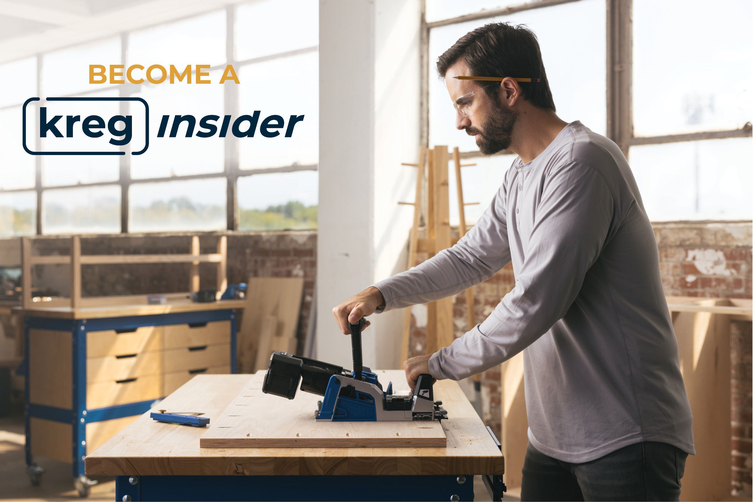 A man drills into wood using the Kreg Rebel pocket hole joiner. Become an Insider is the headline on the image