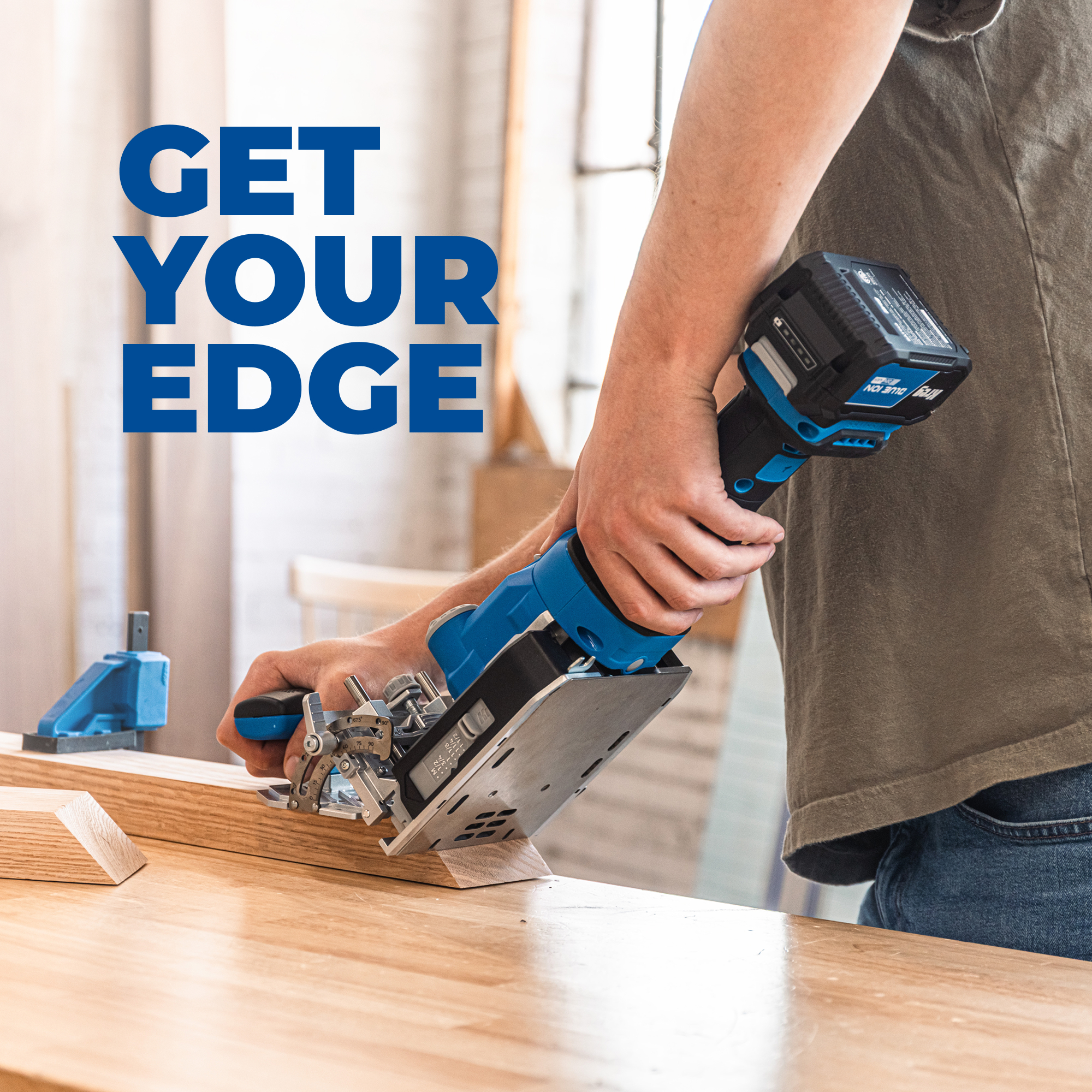 Get Your Edge. A man drills a mortise into a board using his Kreg Edge loose tenon joiner