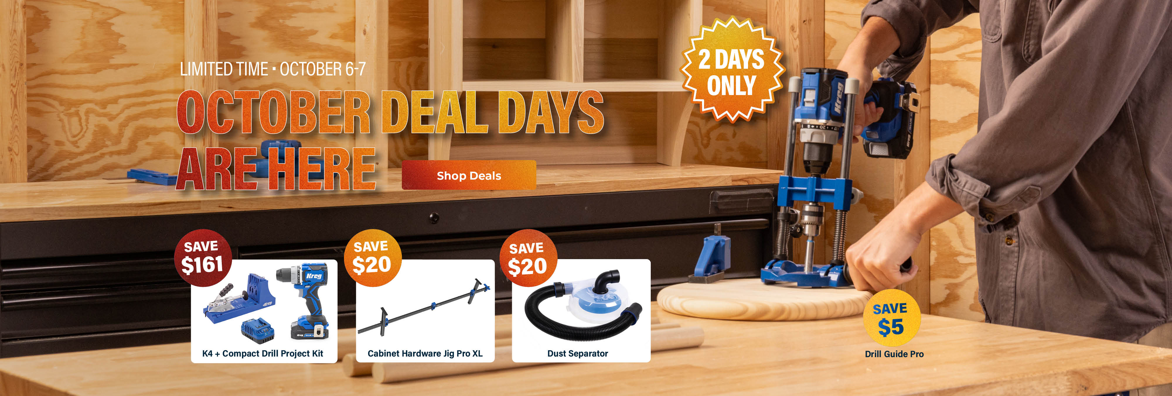 Kreg October Deal Days promotion featuring limited-time savings on woodworking tools and accessories, including the Pocket-Hole Jig K4, Drill Guide Pro, Cabinet Hardware Jig Pro XL, and Dust Separator.
