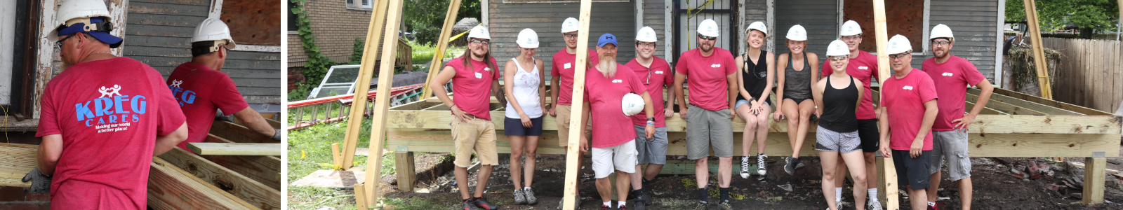 The Kreg Cares committee pausing for a photo while working on a build project
