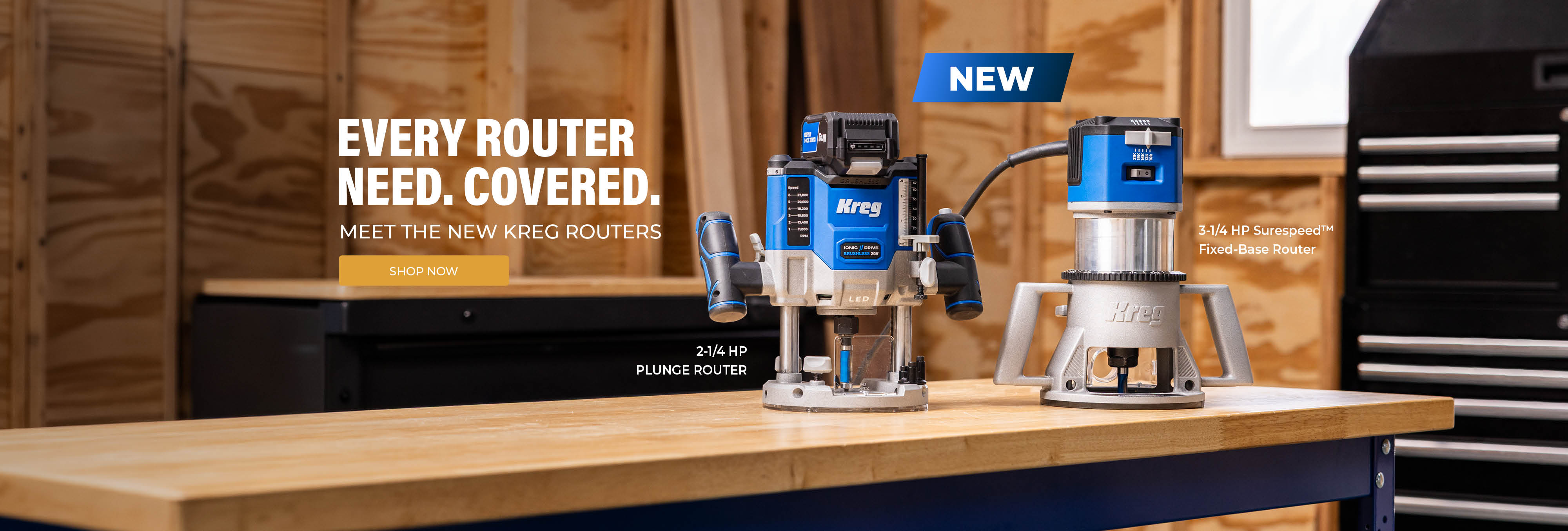 Kreg router lineup featuring a 2-1/4 HP Plunge Router and 3-1/4 HP SureSpeed&trade; Fixed-Base Router on a woodworking workbench.
