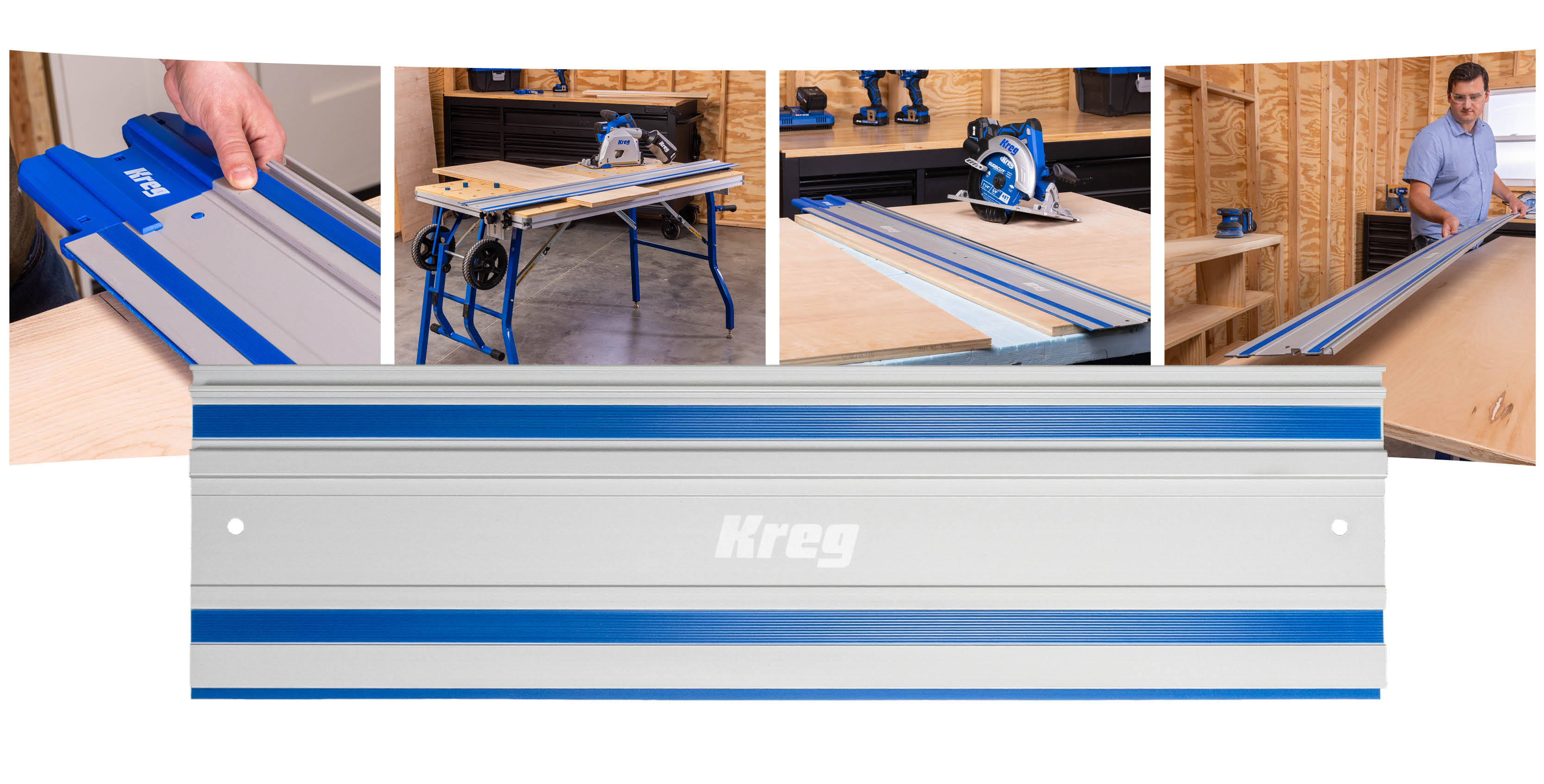 A series of 4 images that show off the Kreg Universal Track. A big hero image is up front and overlays those 4 images a bit. 